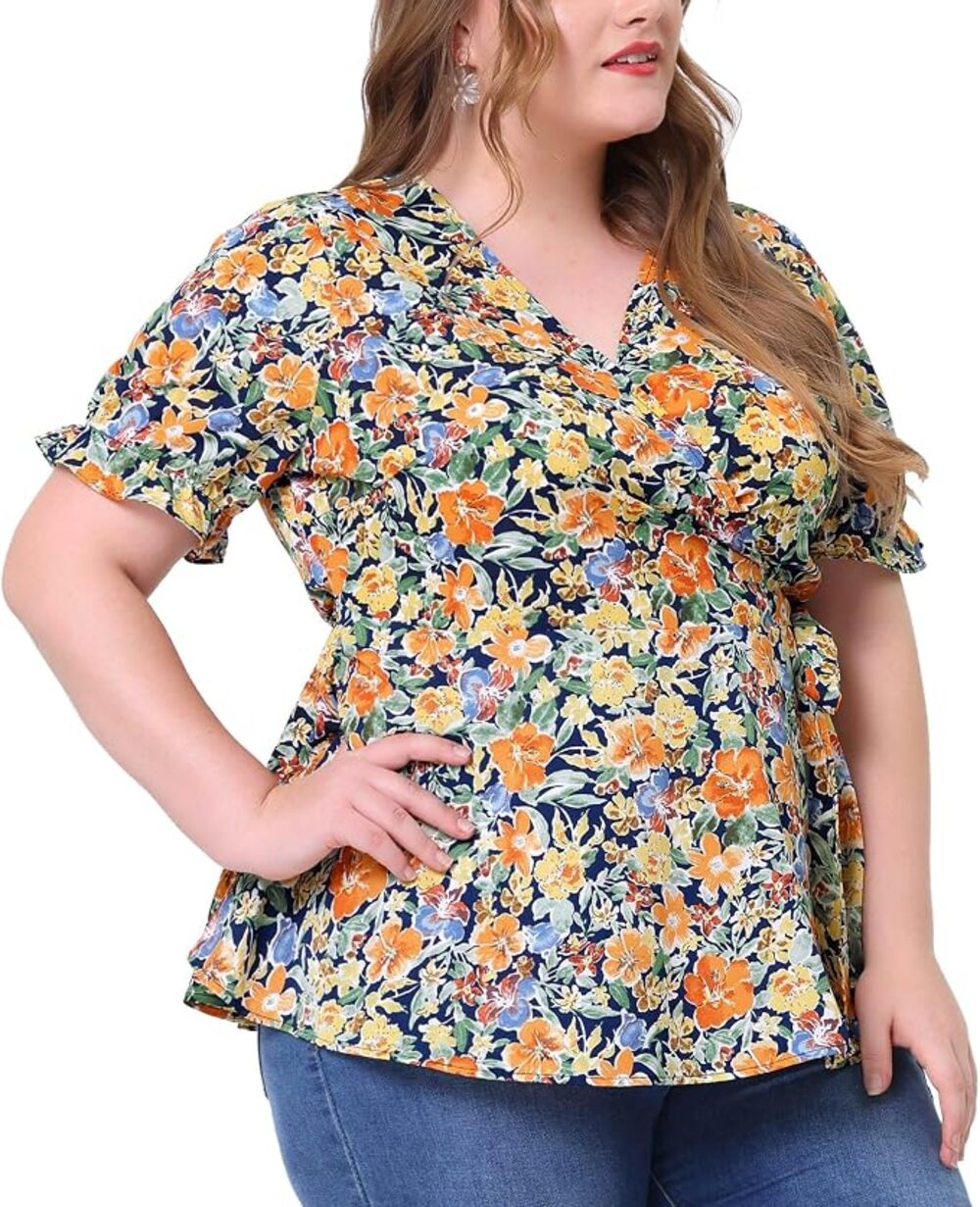 Agnes Orinda Blouse Floral Ruffle Sleeve Wrap Peplum Top Women's Plus Size 2X